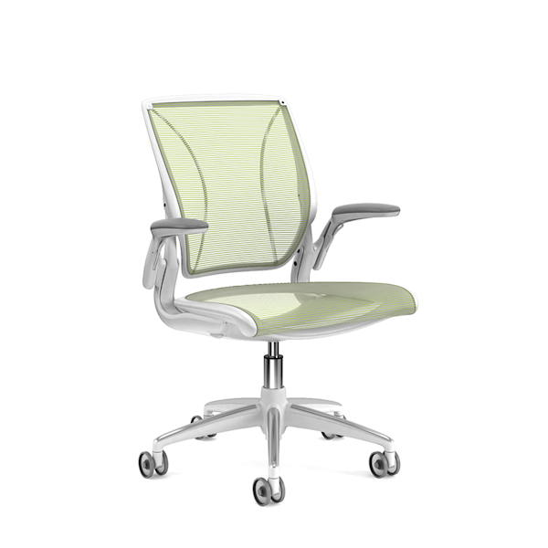 Pinstripe Mesh Green World Task Chair, Adjustable Arms, White Frame,Green,hi-res